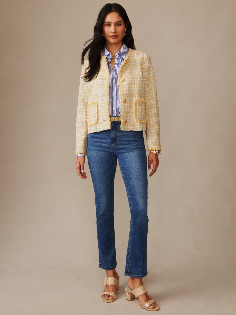 J McLaughlin Abigail Bouclé Jacket in Mini Window Pa - Mustard/Sky/Off White NEW